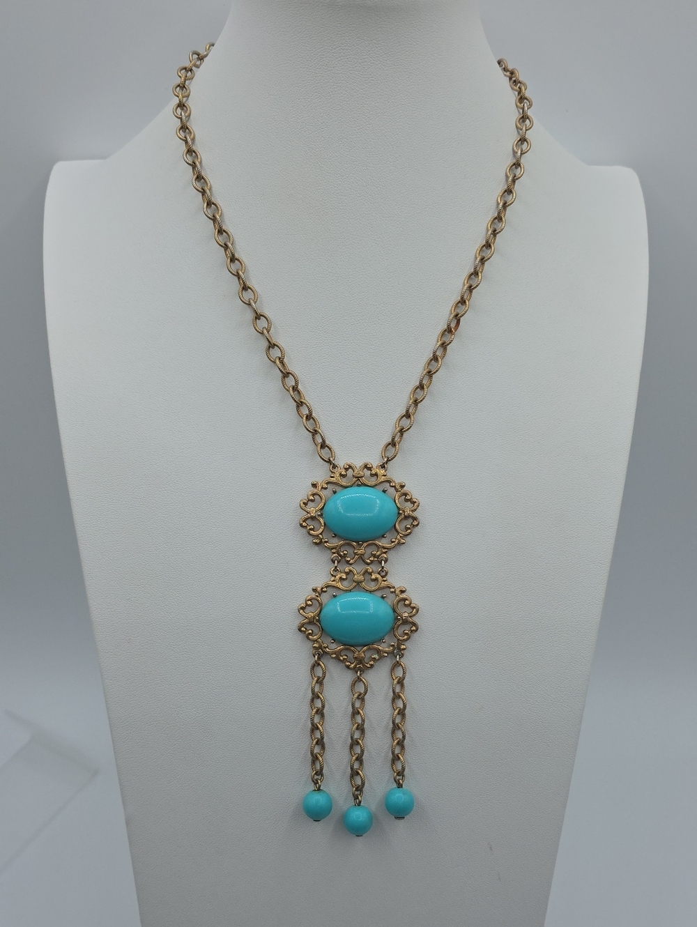Gold-Tone Faux Turquoise Repurposed Design One Of A Kind Necklace